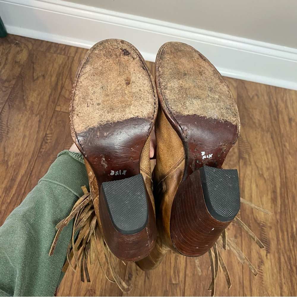 Lucchese Brown Leather Fringe Star Tall Heeled Boots - Picture 5 of 12